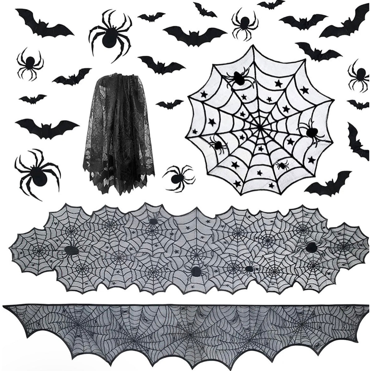 48pc Halloween Spider Web Tablecloth And Decor Set - Includes Runner & Mantle Scarf