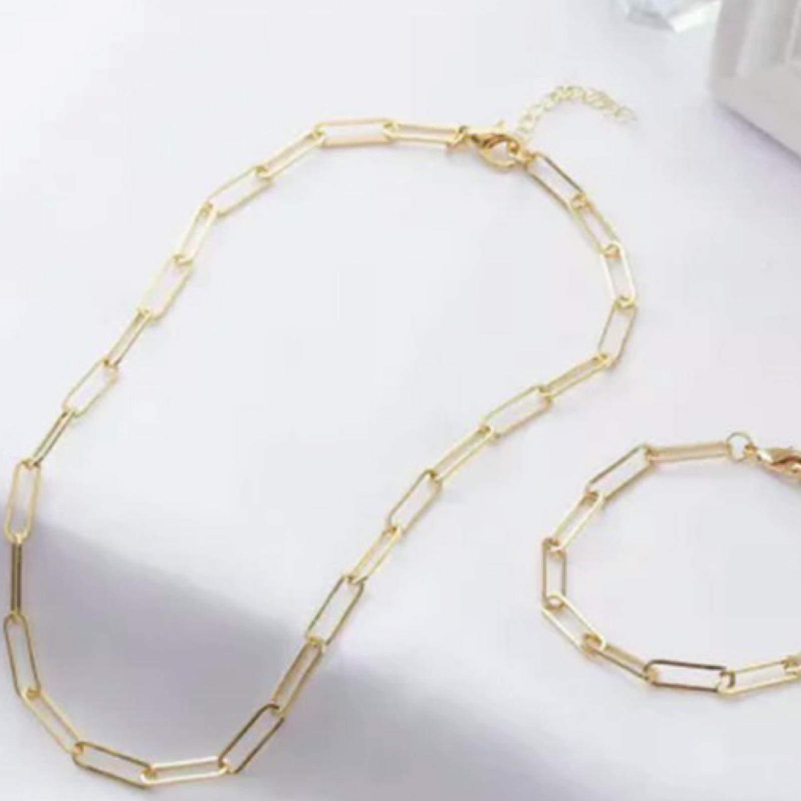 2pc Trendy 18K Gold Plated Paperclip Necklace and Bracelet Set