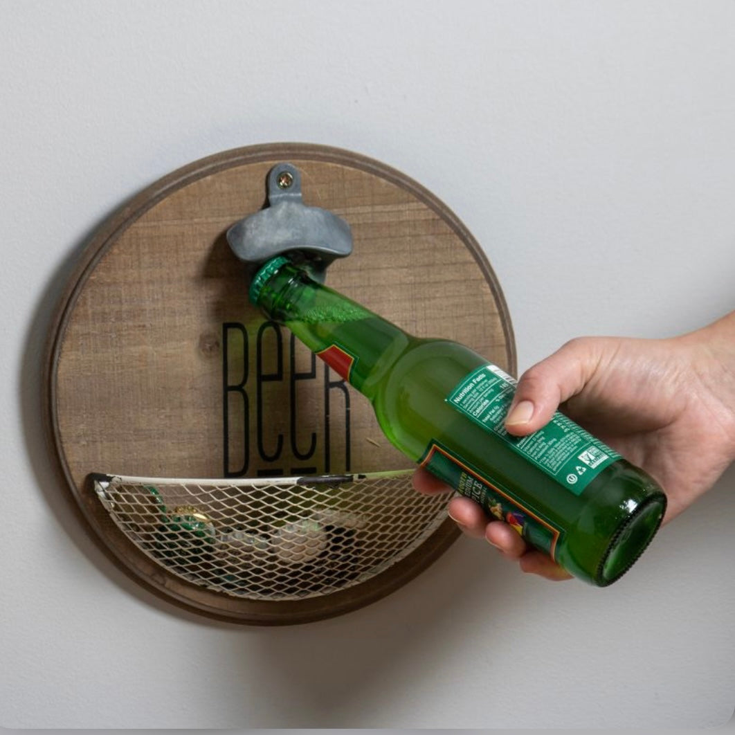 Rustic Wood Wall Mount Beer Bottle Opener with Metal Basket