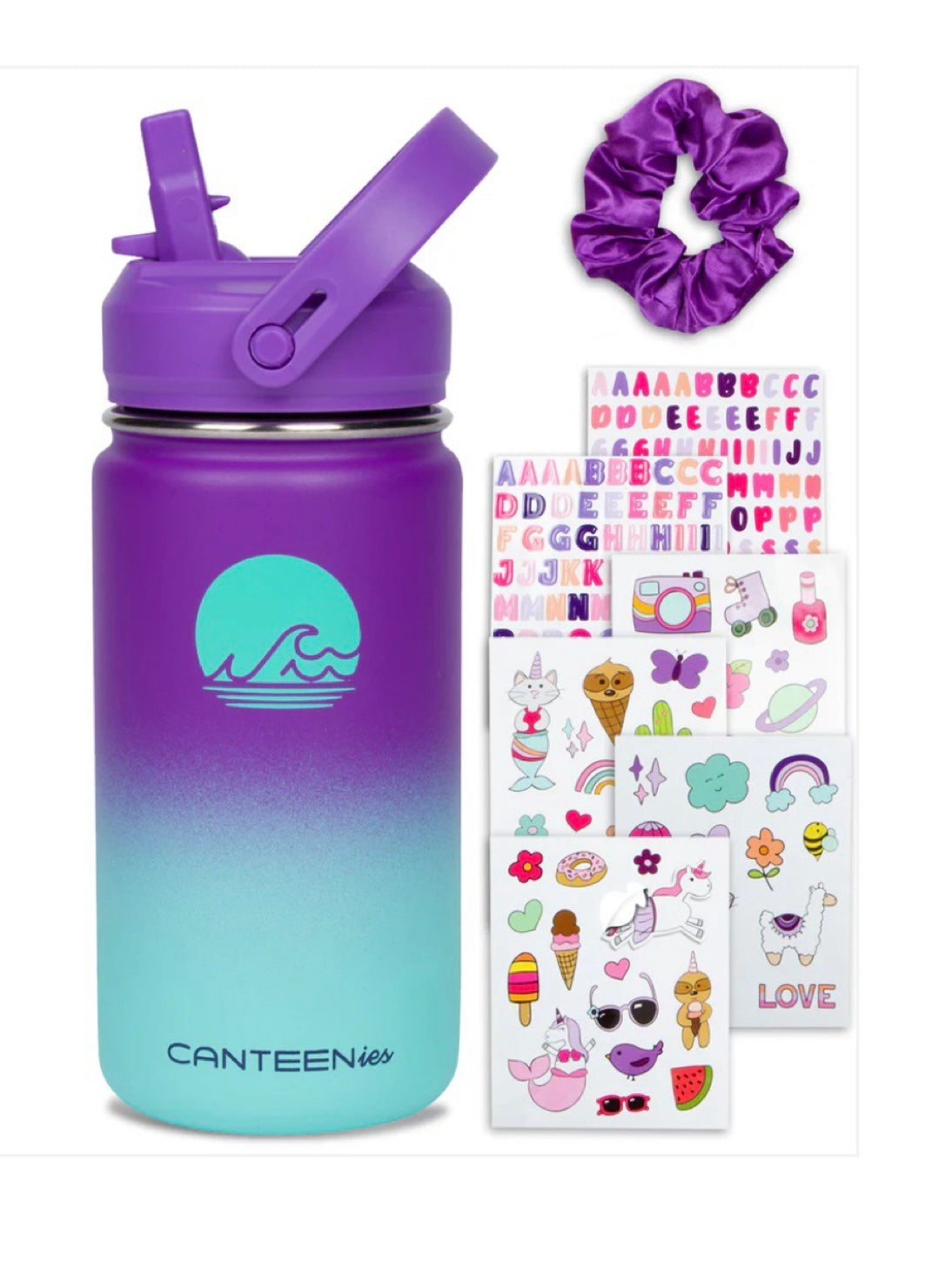 14oz Canteenies Kids Stainless Steel Water Bottle w/ Stickers, Extra Straw & More!