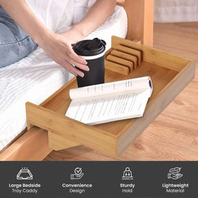 14" Bamboo Bedside Caddy w/ USB Charger & Cup Holder - Clamps On