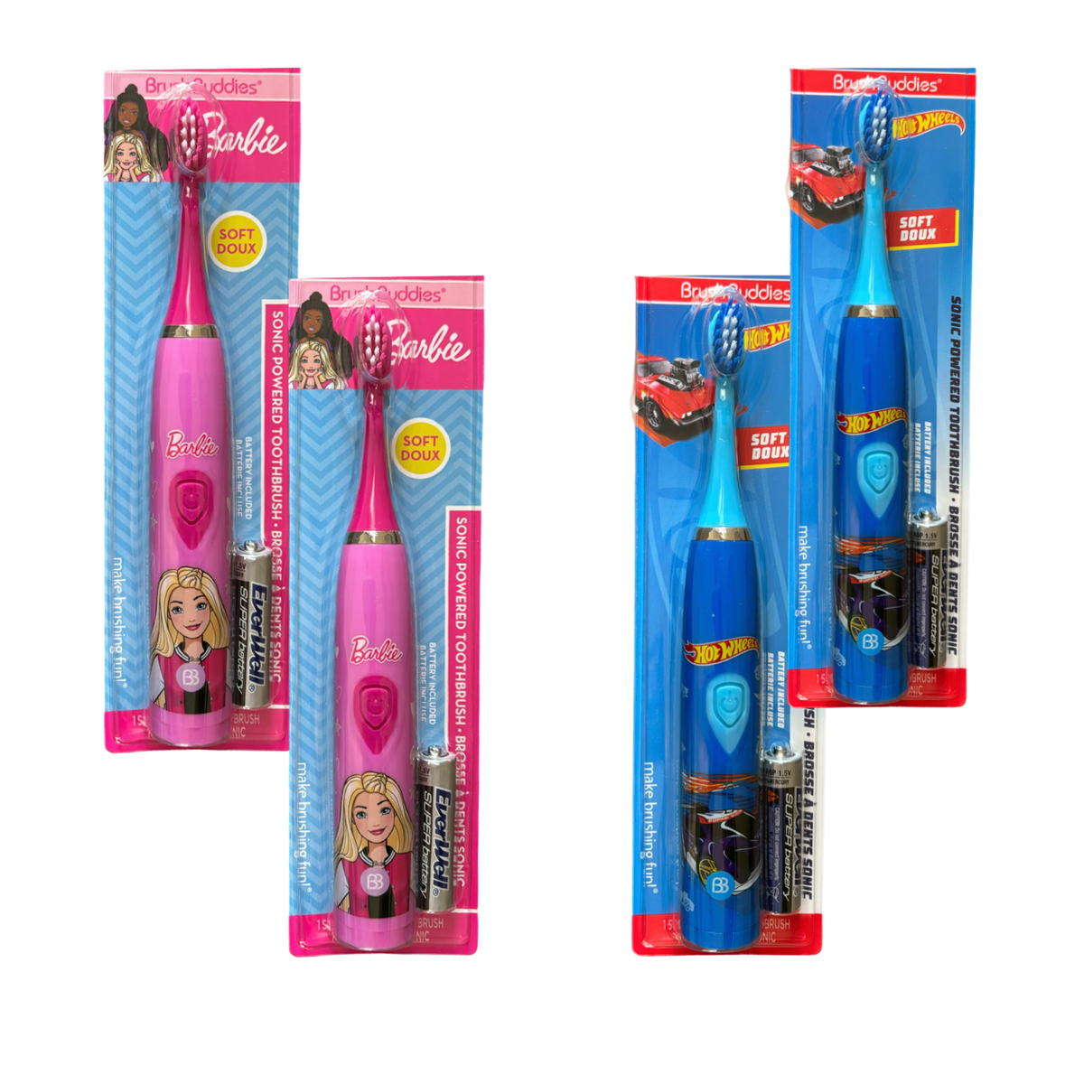 2pk Brush Buddies Children's Barbie or  Hot Wheels Electric Toothbrush