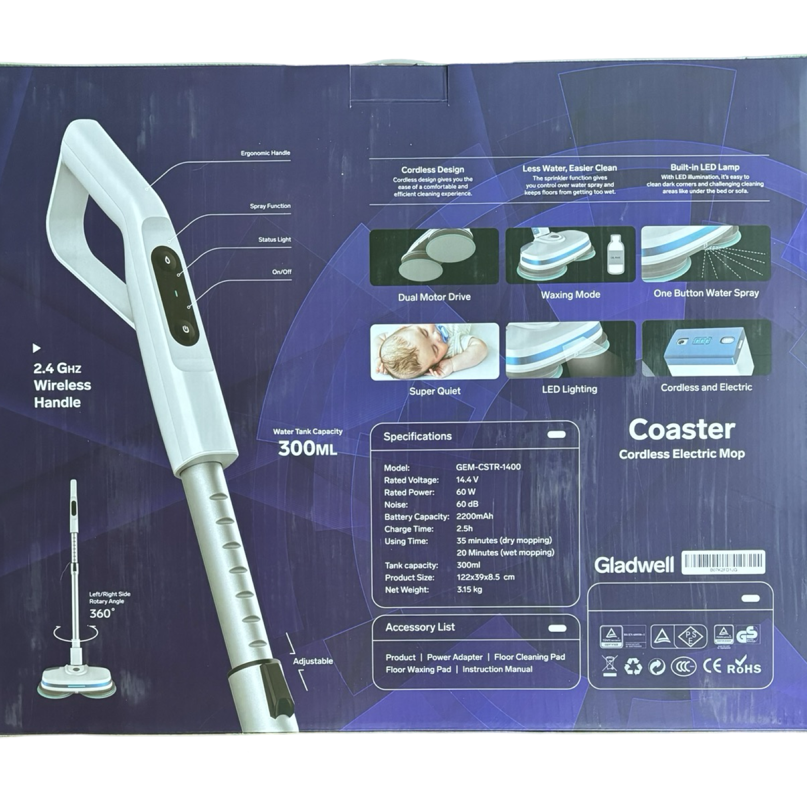 Gladwell Coaster Cordless Electric Mop - Rechargeable, Mop and Wax!