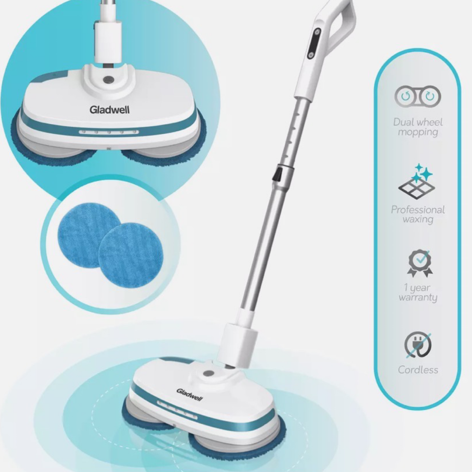 Gladwell Coaster Cordless Electric Mop - Rechargeable, Mop and Wax!