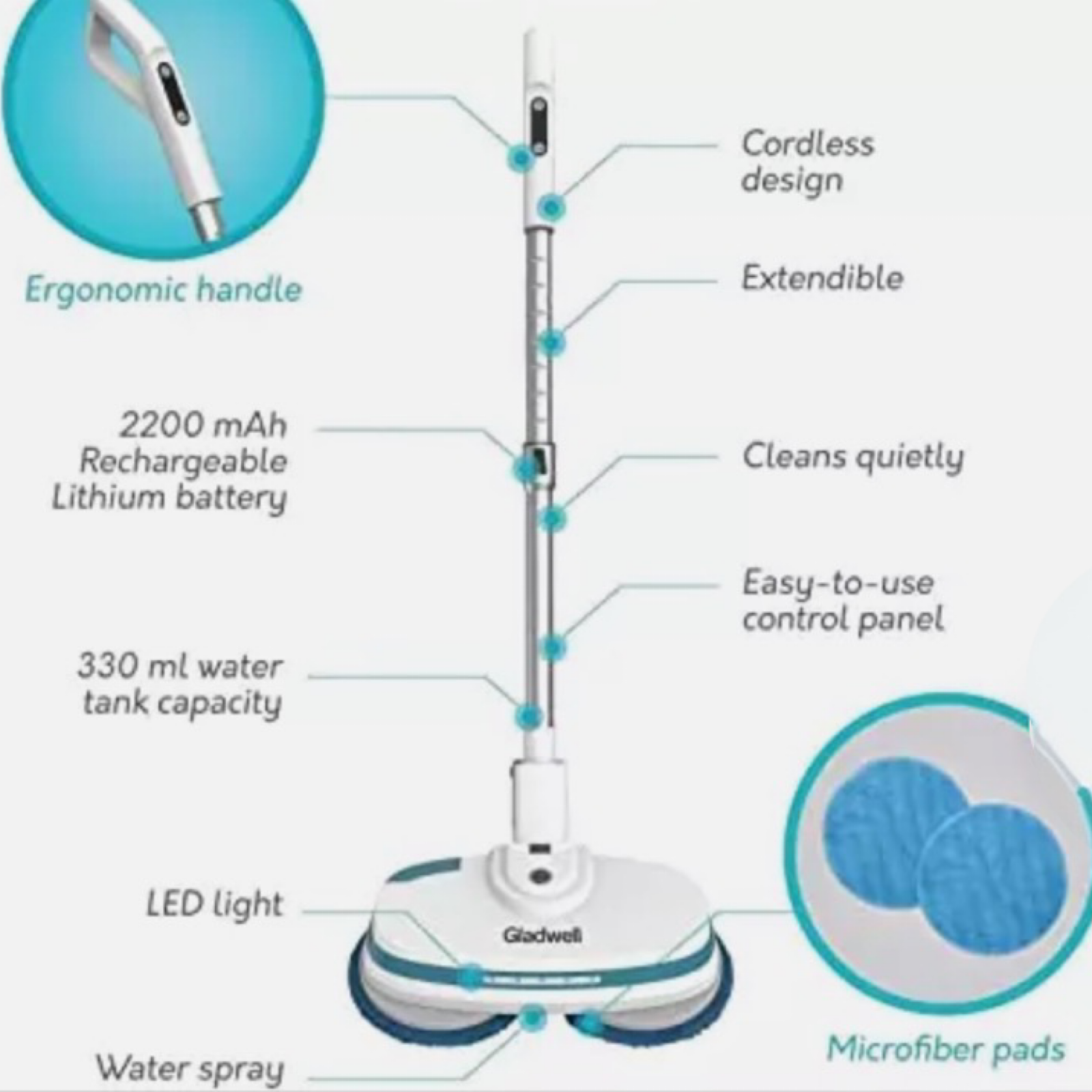 Gladwell Coaster Cordless Electric Mop - Rechargeable, Mop and Wax!