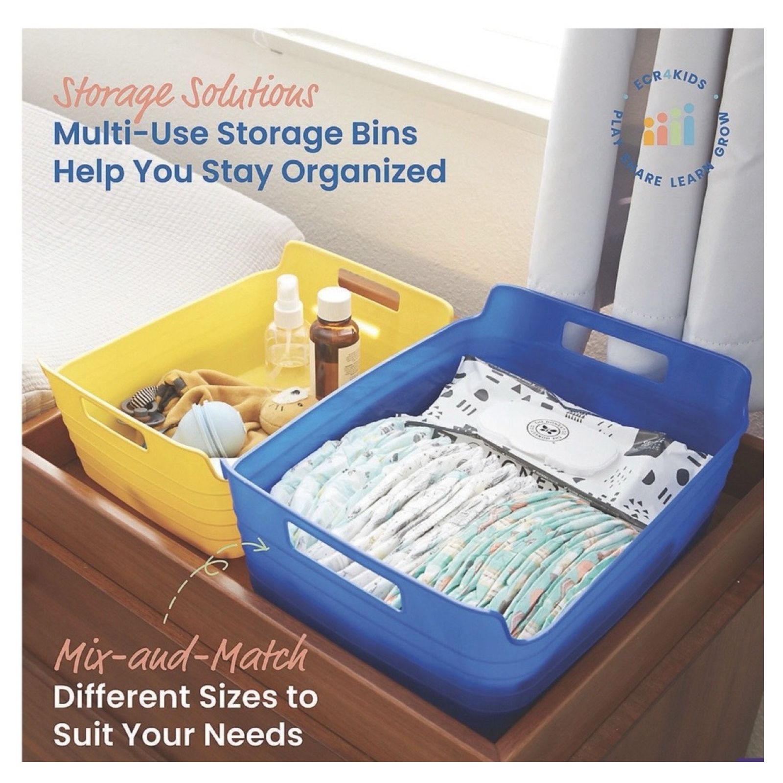 4pk Multi-Colored Storage Bins w/ Handles, Stackable & Flexible - Choose 14" or 11"