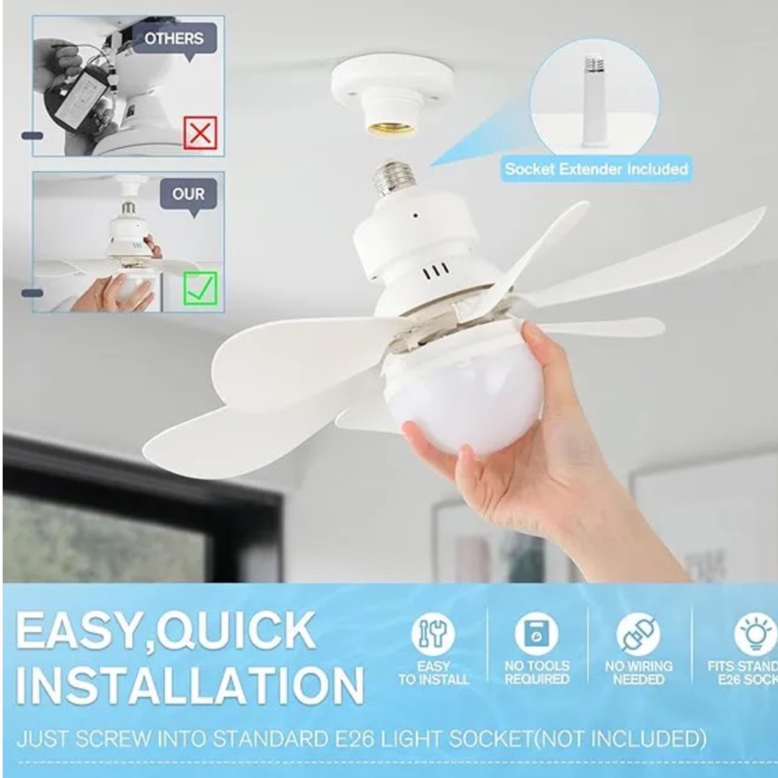 2-in-1 Space Saving Wireless Ceiling Fan & LED Light - w/Remote