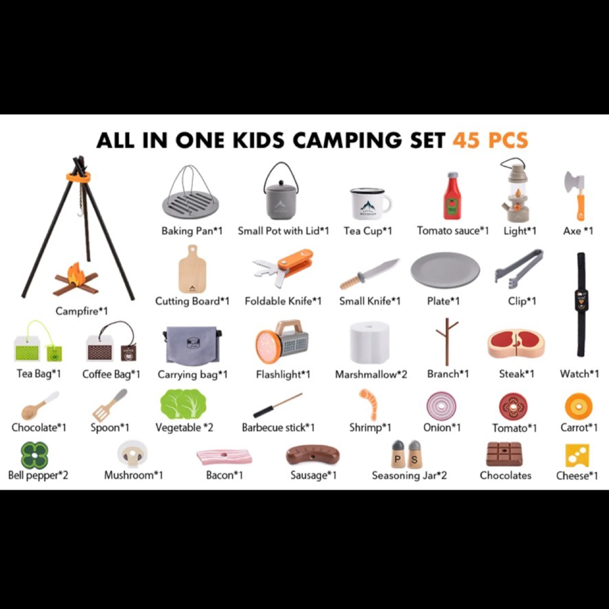 45pc Wooden Kids Camping Toys Set w/Food-Pretend Play