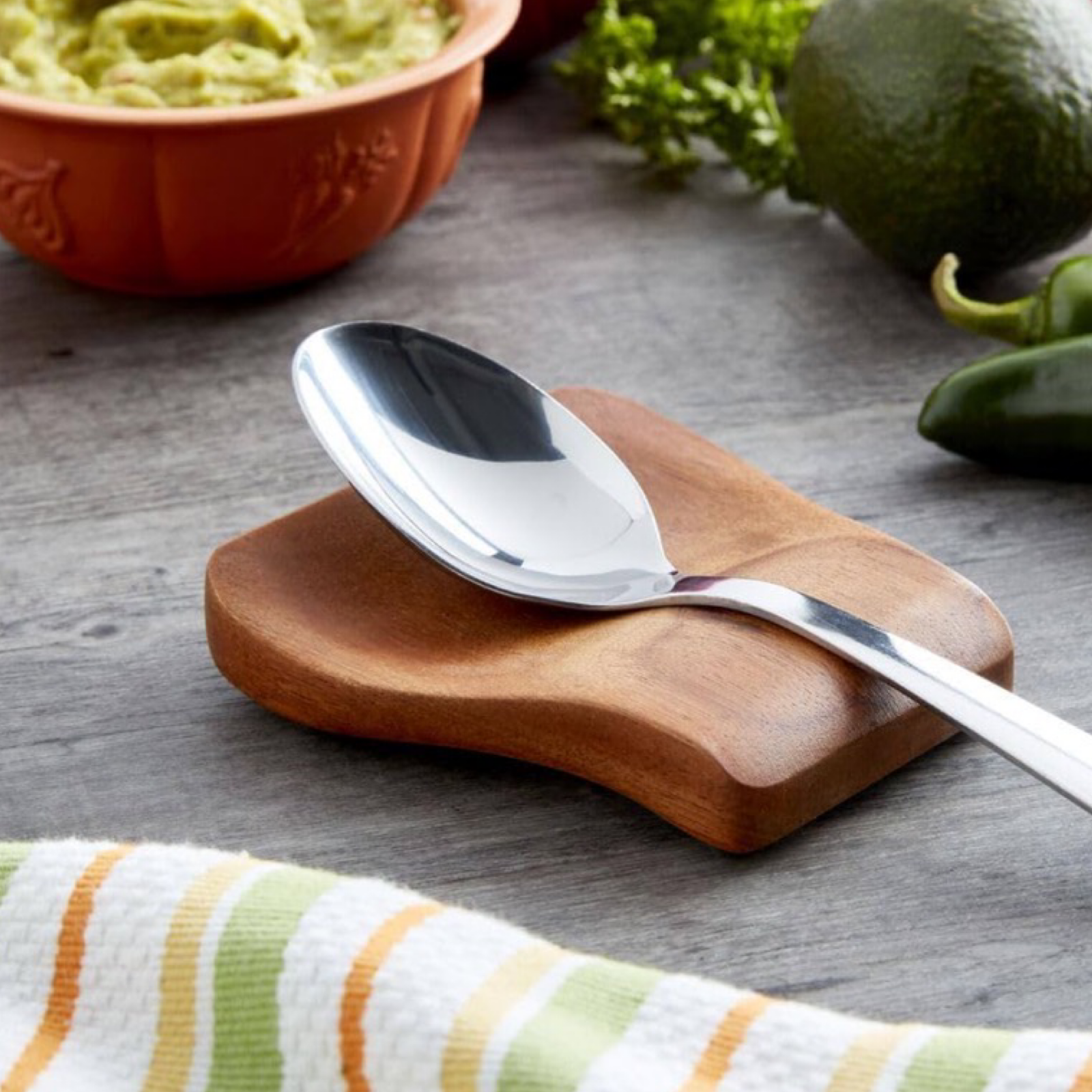 Kamenstein Acacia Wood Spoon Rest w/ Rubber Feet To Protect Surfaces