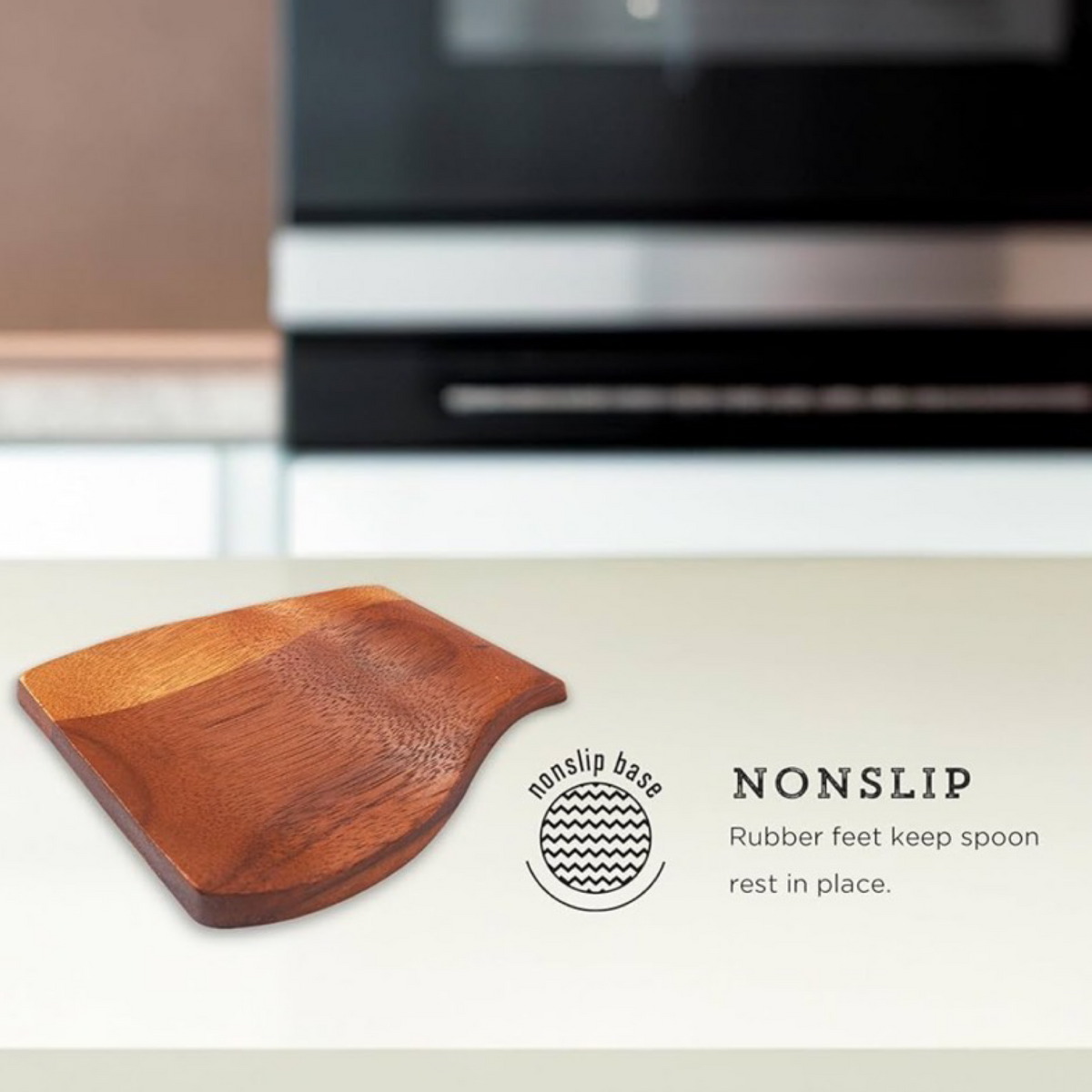 Kamenstein Acacia Wood Spoon Rest w/ Rubber Feet To Protect Surfaces