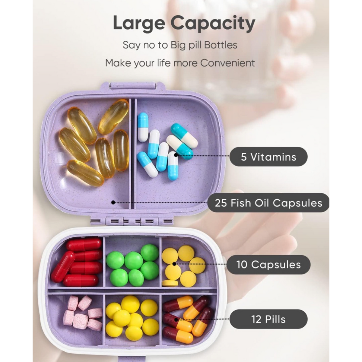 Portable 4" Travel Pill Storage Box w/ 8 Covered Inner Compartments