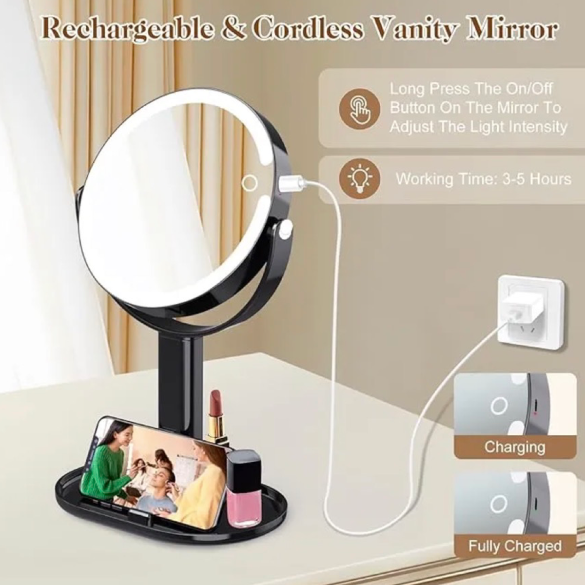 Rechargeable Double Sided LED Mirror - 1x/10x Magnification