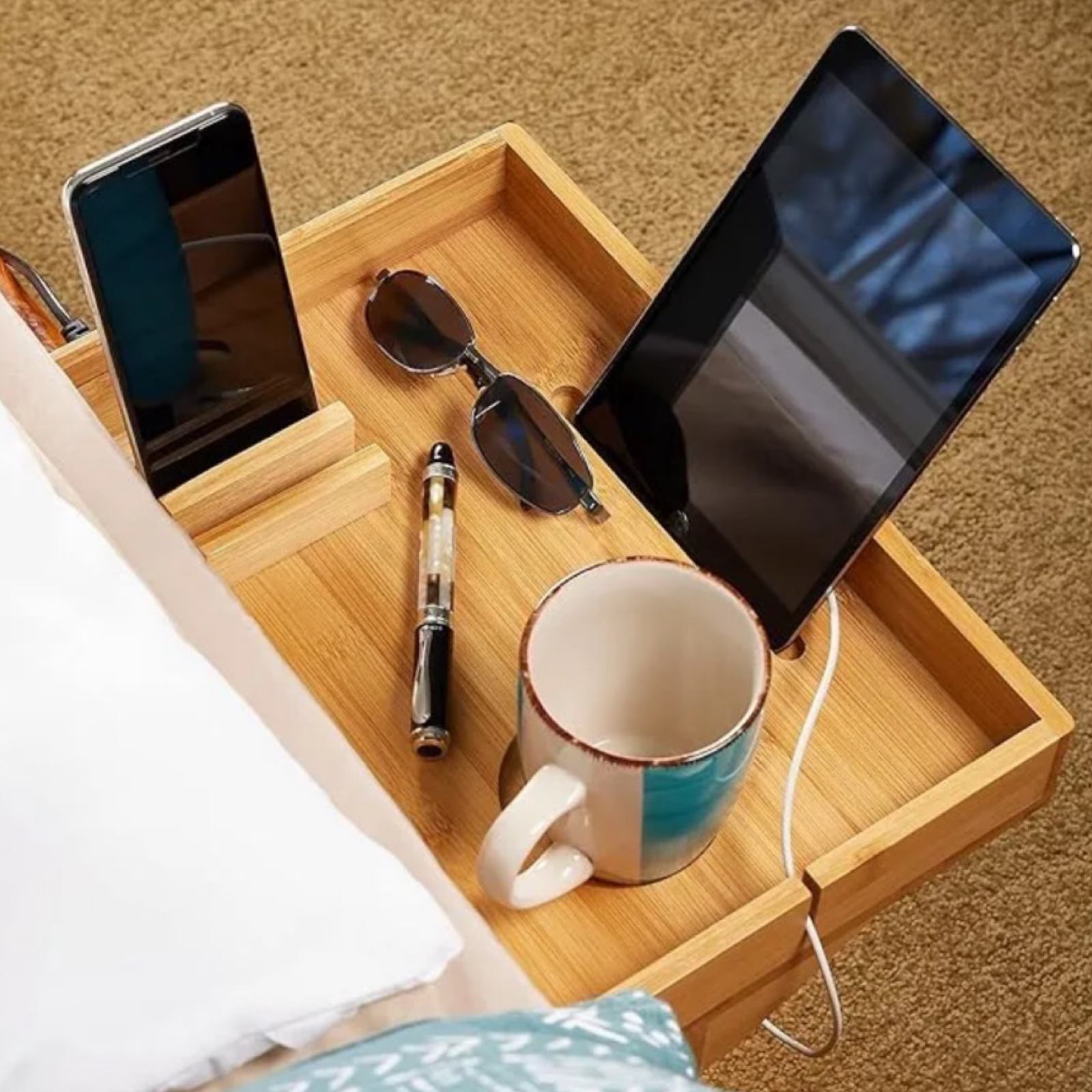 14" Bamboo Bedside Caddy w/ USB Charger & Cup Holder - Clamps On