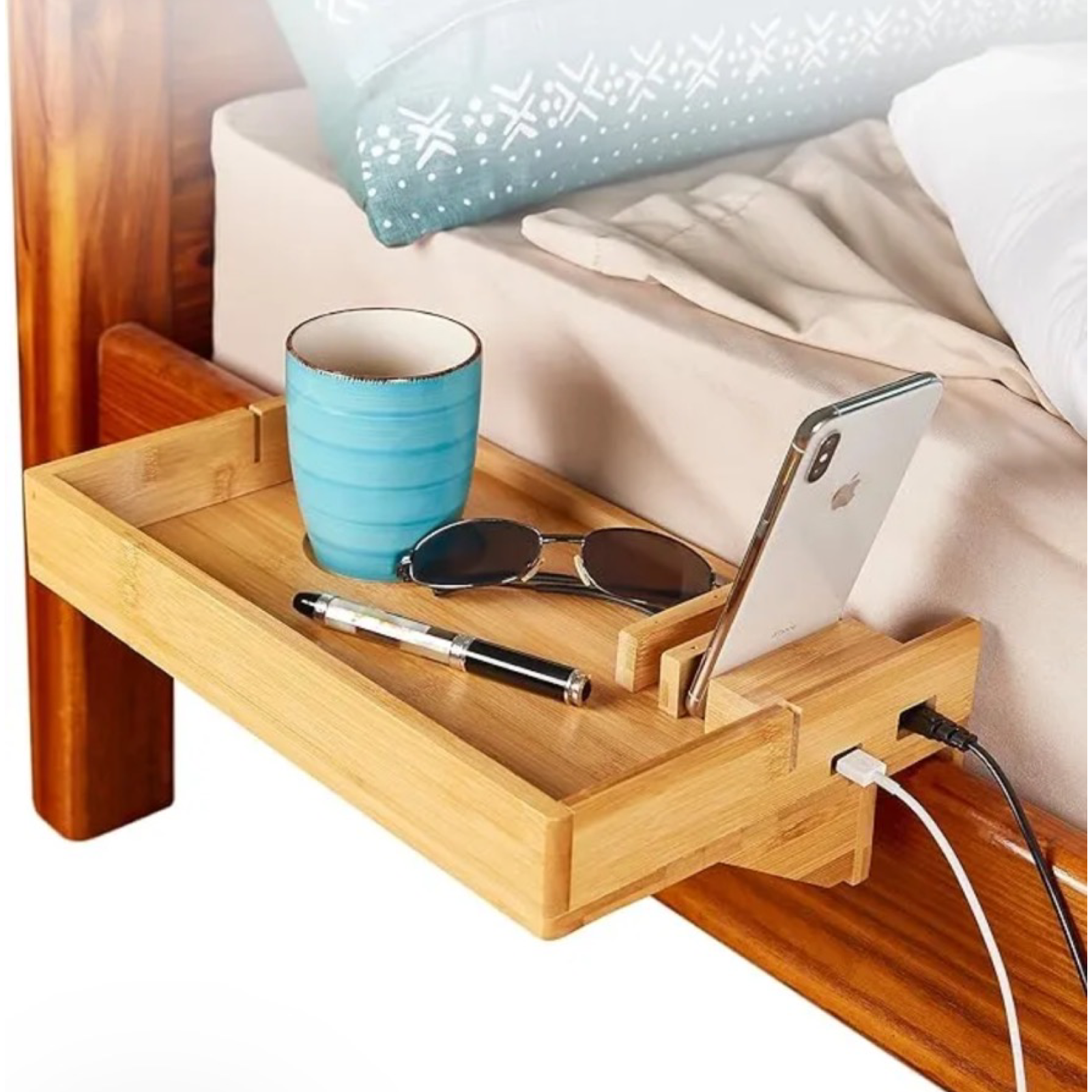 14" Bamboo Bedside Caddy w/ USB Charger & Cup Holder - Clamps On