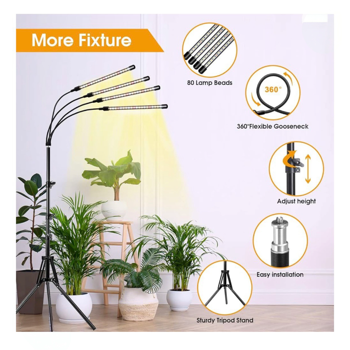 4-Head Full Spectrum LED Grow lights for Indoor Plants w/ Adjustable Stand