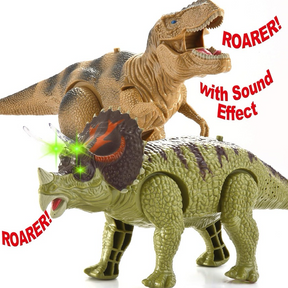 2pk Joyin Electronic Dinosaurs T-Rex & Triceratops - Auto Walking, Sound & Light!