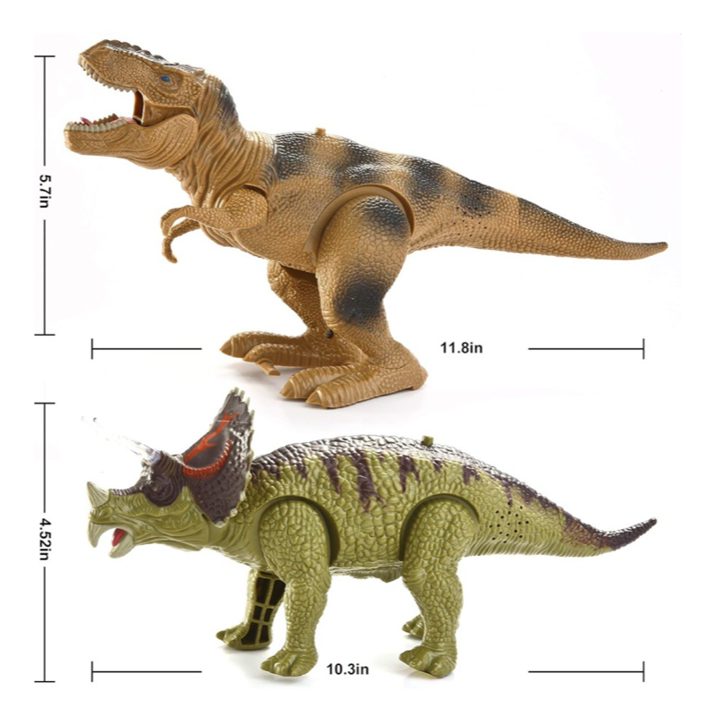 2pk Joyin Electronic Dinosaurs T-Rex & Triceratops - Auto Walking, Sound & Light!