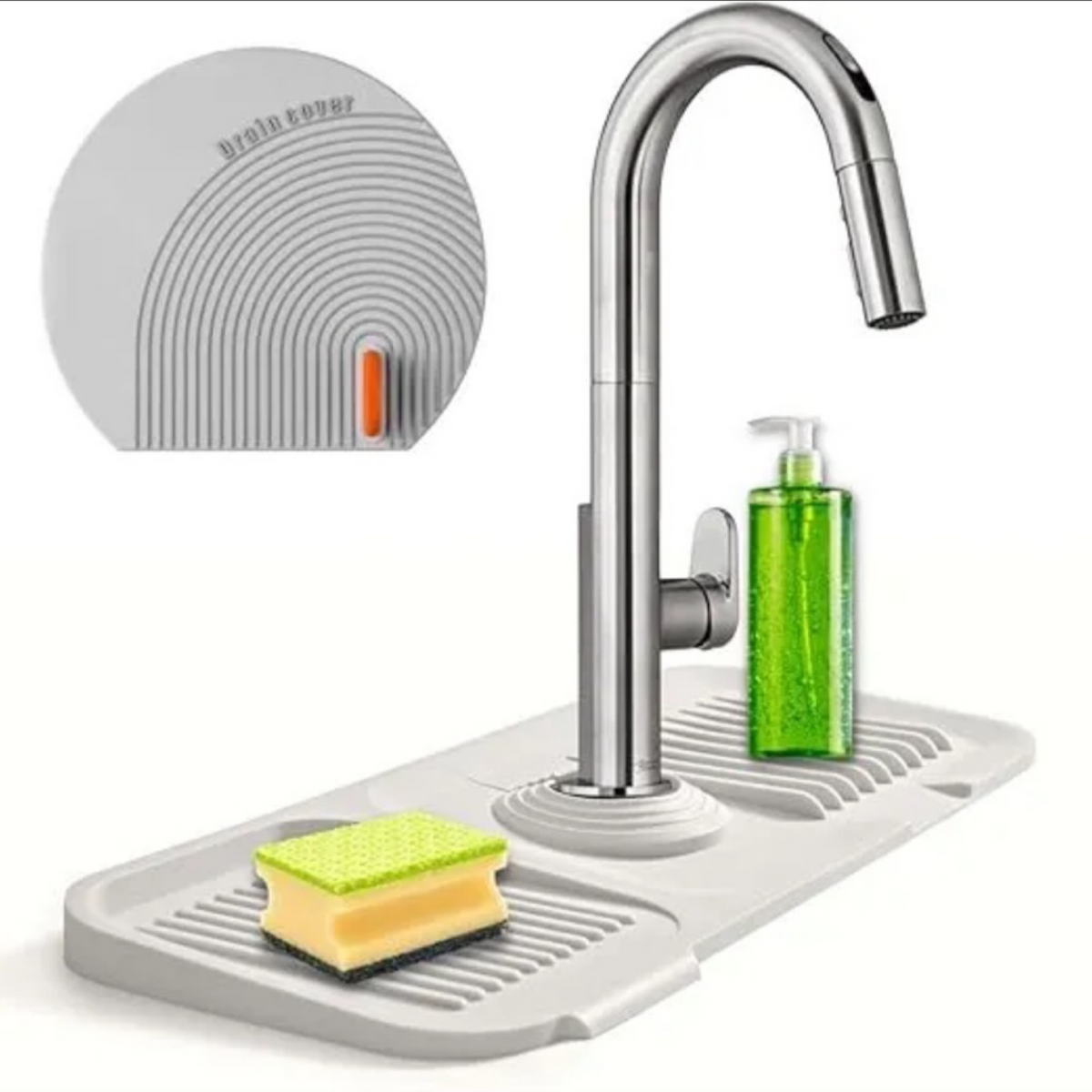 14.5" Gray Silicon Sink Splash Guard Faucet Mat - w/ Drain Cover