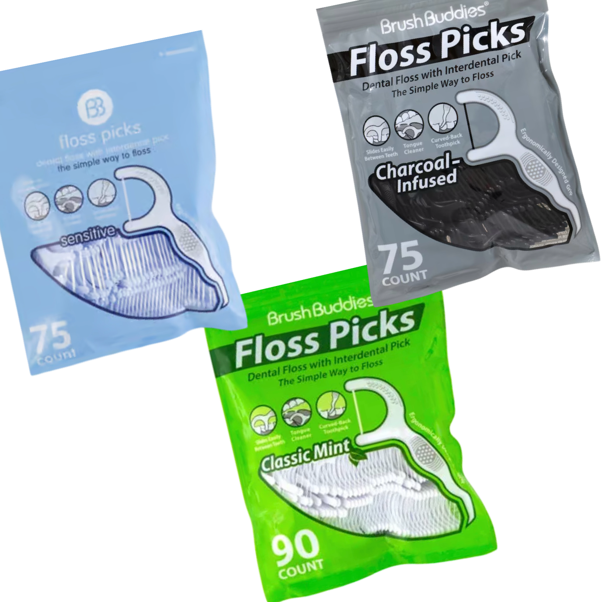 Floss Picks by Brush Buddies - Choose From Charcoal, Sensitive or Mint