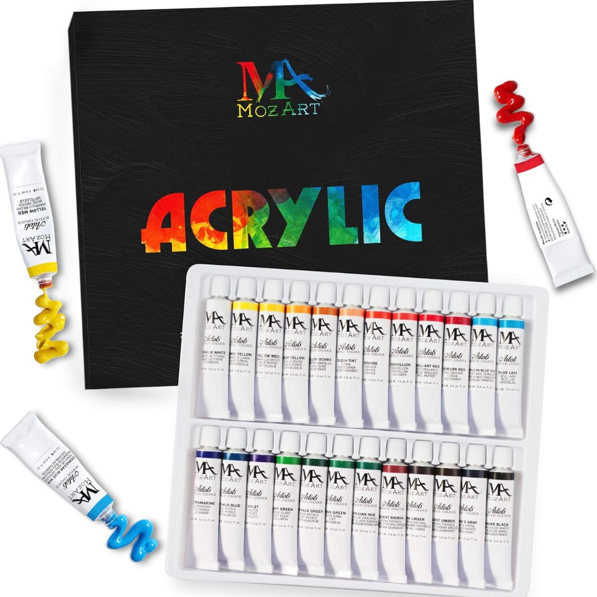 MozArt 24 Acrylic Professional 12ml Tubes Paint Set - Ideal for Canvas, Ceramics, Crafts & Acrylic Pouring