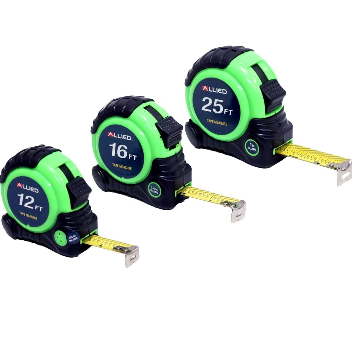 3 Pack of Allied Tape Measures, 12',16', and 25' - Durable Rubber Over Mold, Lifetime Warranty