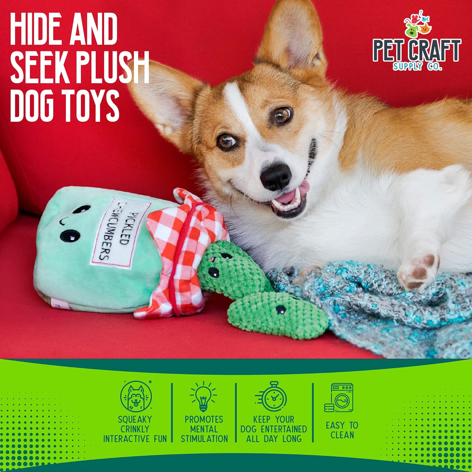 4pc Pet Craft 2-in-1 Interactive Plush Hide & Seek Dog Toy