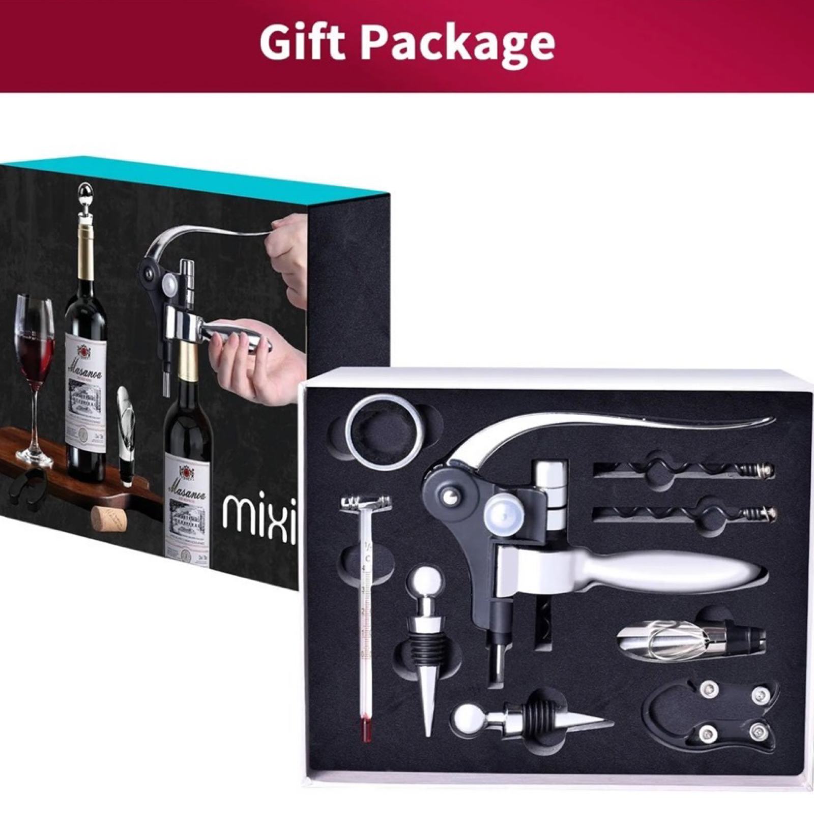 9pc Mixi Wine Opener Set w/ Corkscrew, Foil Cutter, Thermometer, Stoppers & More