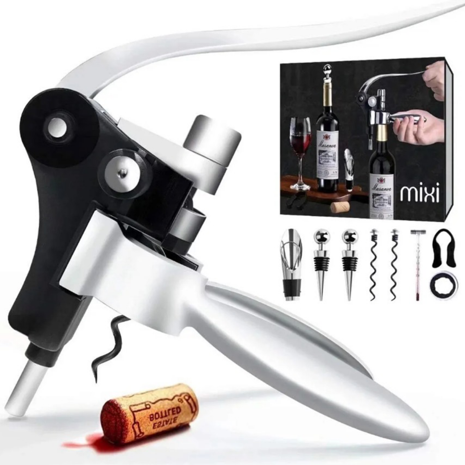 9pc Mixi Wine Opener Set w/ Corkscrew, Foil Cutter, Thermometer, Stoppers & More