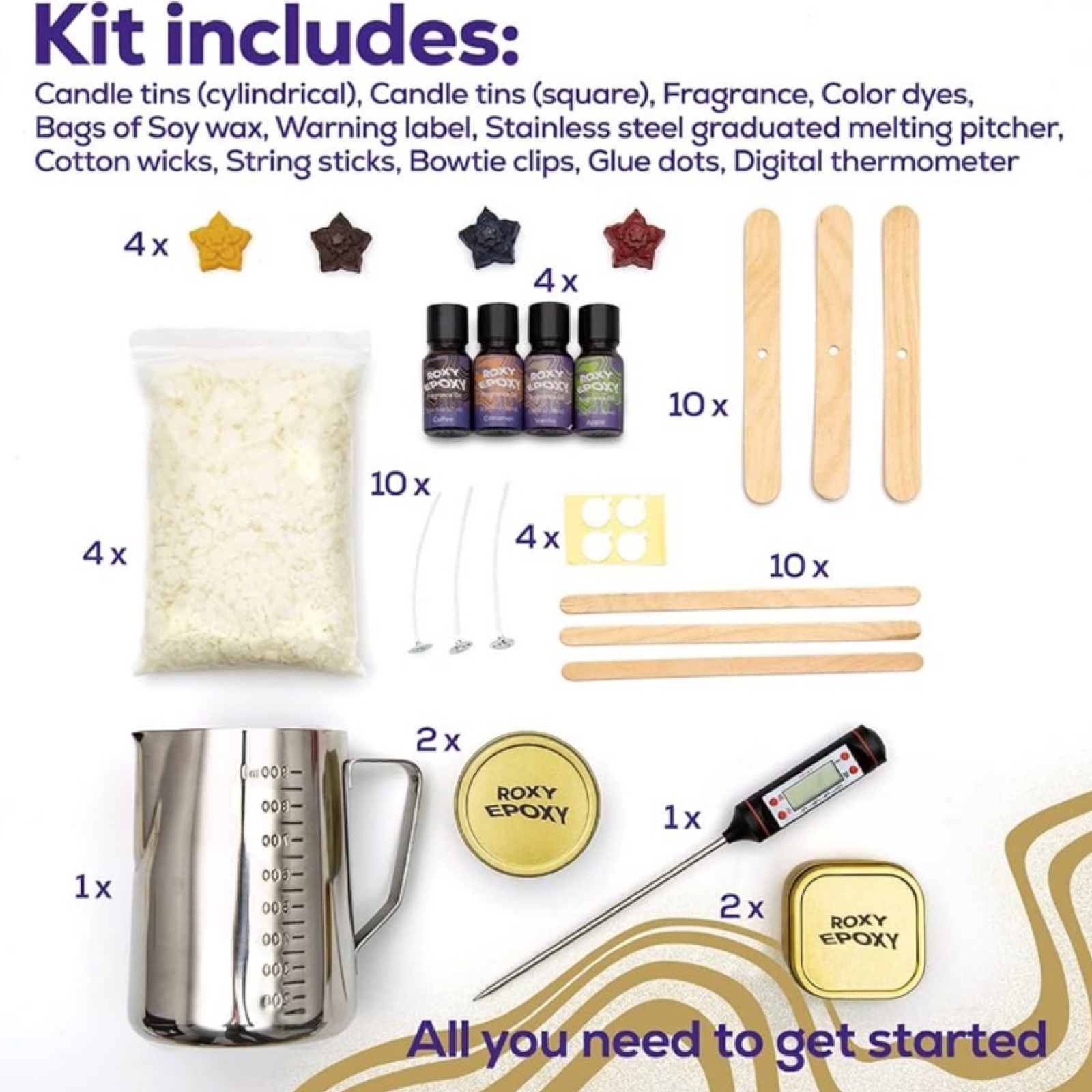 Roxy Epoxy DIY Soy Candle Making Kit w/ 4 Tins, Wax, Thermometer & More!