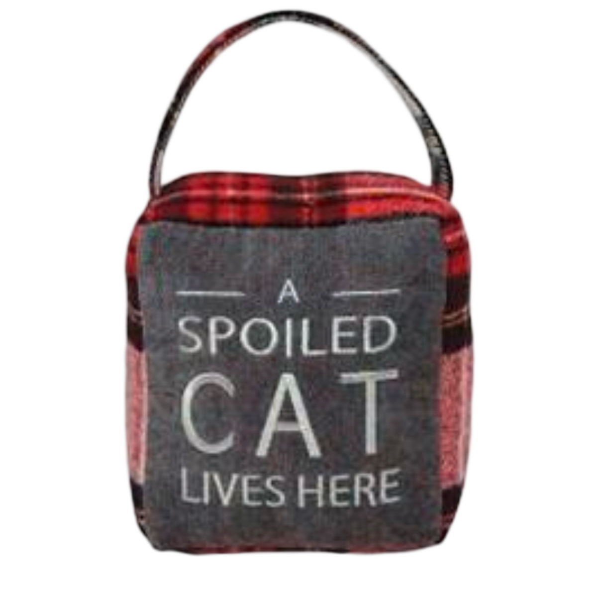 8" Weighted Red Plaid Spoiled Cat Doorstop w/ Handle to Hang on Door.