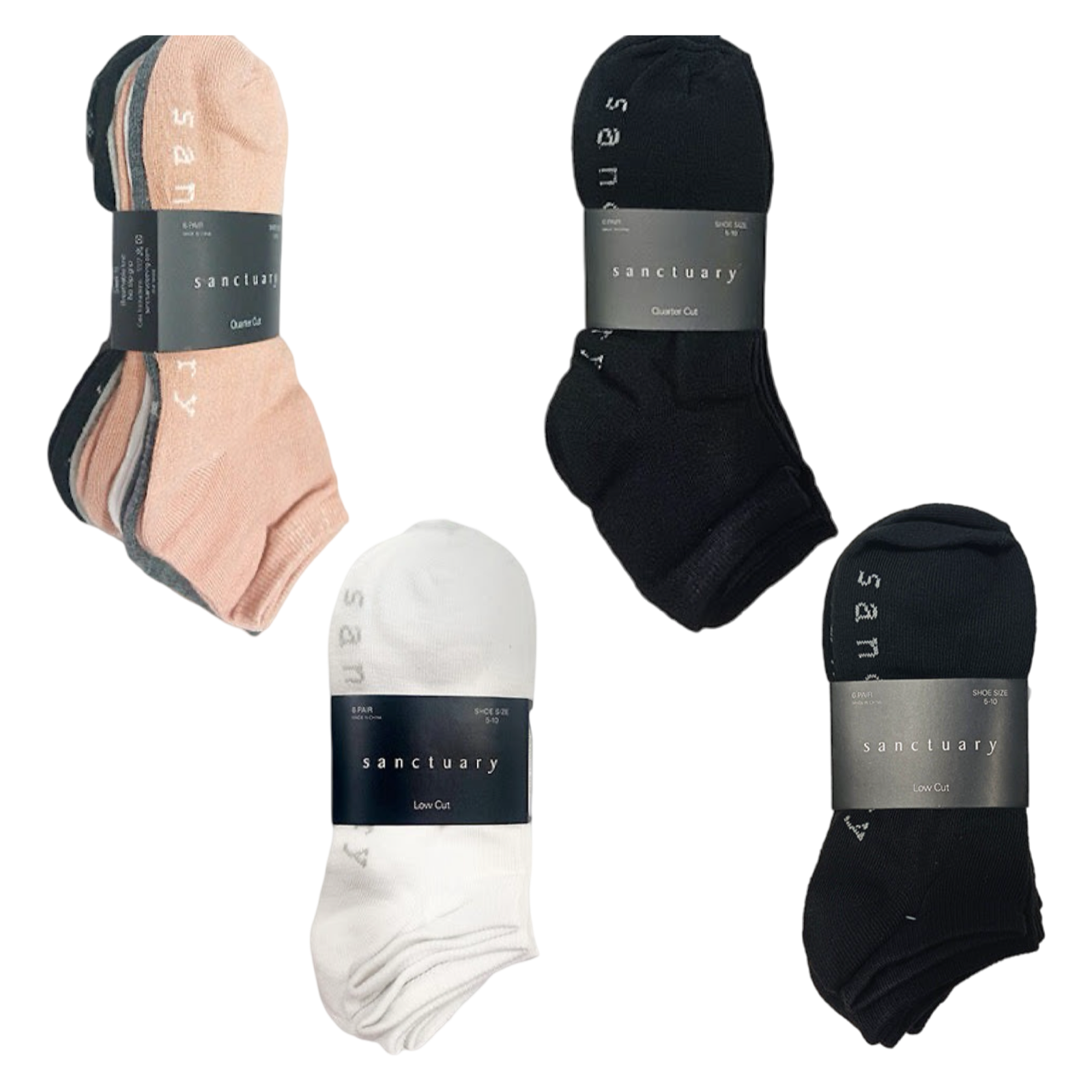 6pk Sanctuary Women's Socks, Quarter or Ankle Length - shoe size 5-10