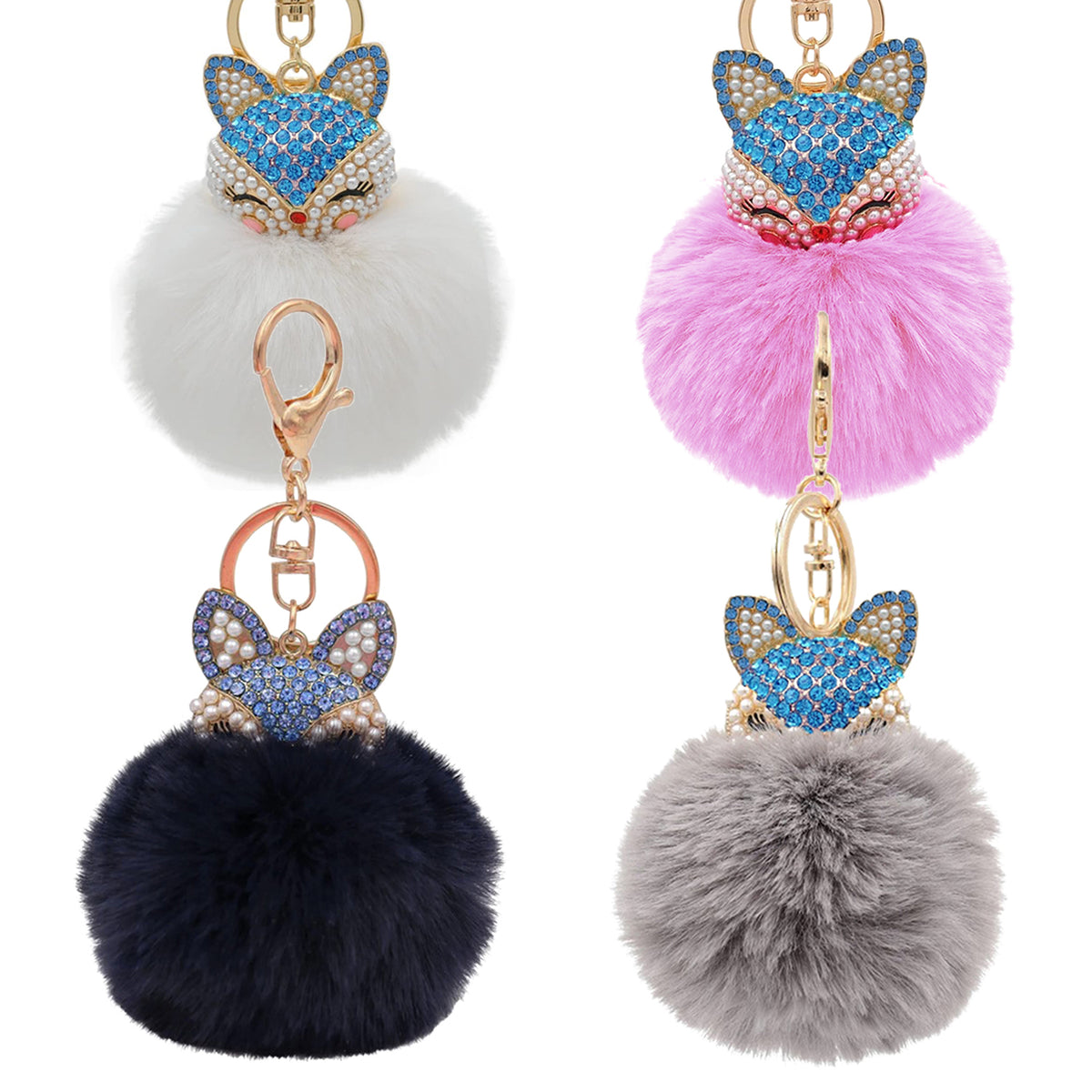 Nihaou Fashion Fox Faux-Fur Pom Pom Keychain – Stylish and Cute for Keys or Bag!, Grey